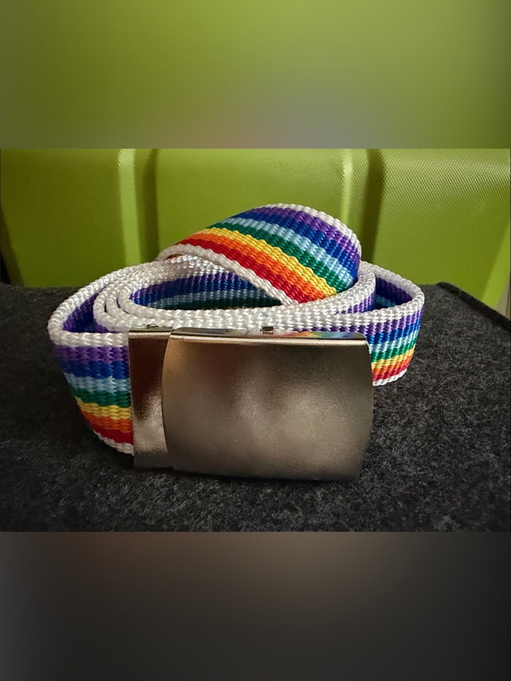 Rainbow Stripe Woven Web Belt with Silver Buckle